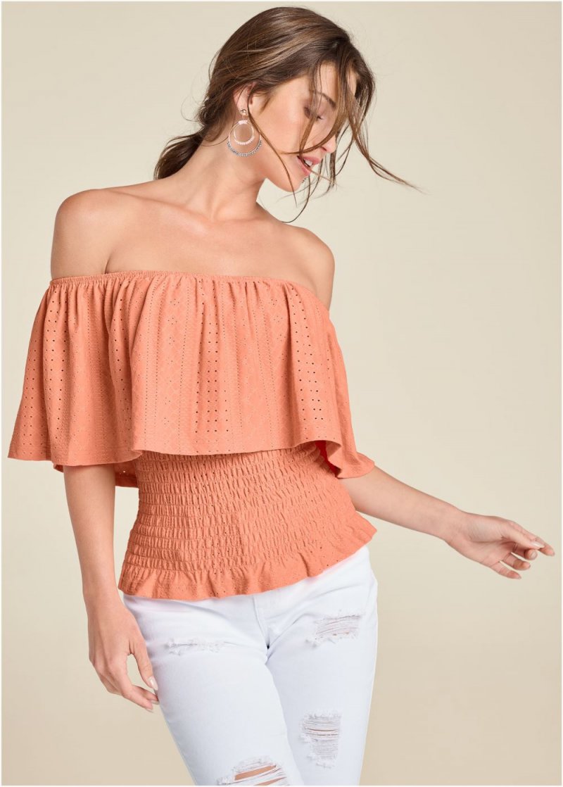 Venus Off-The-Shoulder Eyelet Top in Orange