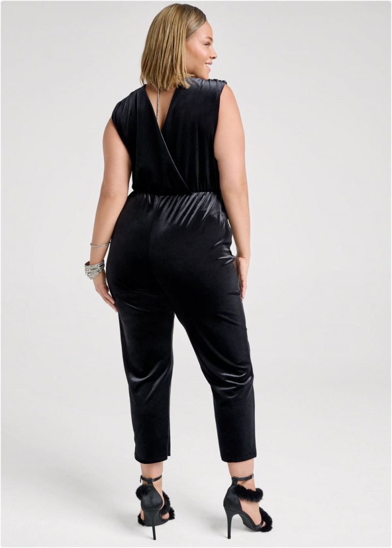 Venus Plus Size Velvet Back Chain Jumpsuit in Black