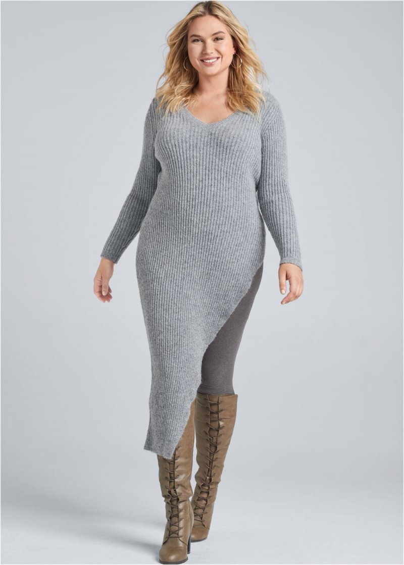 Venus Plus Size Asymmetrical Maxi Sweater in Heather Grey