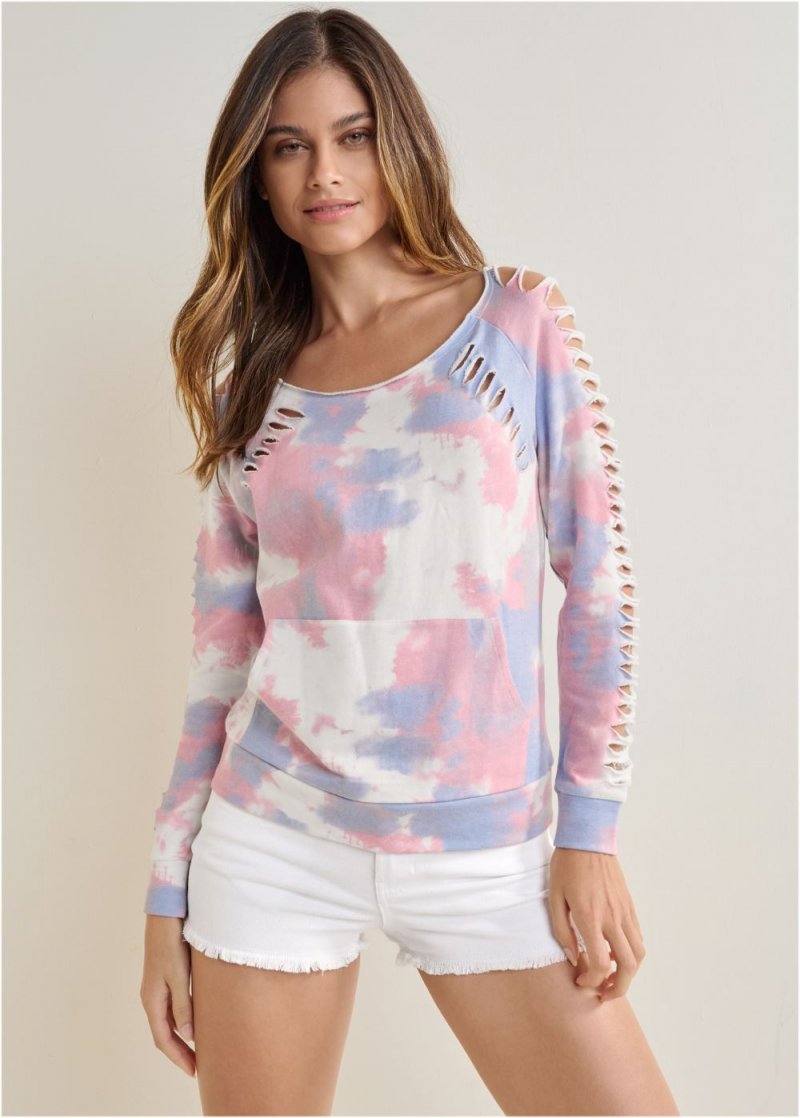 Venus Plus Size Slash Detail Sweatshirt in White Multi