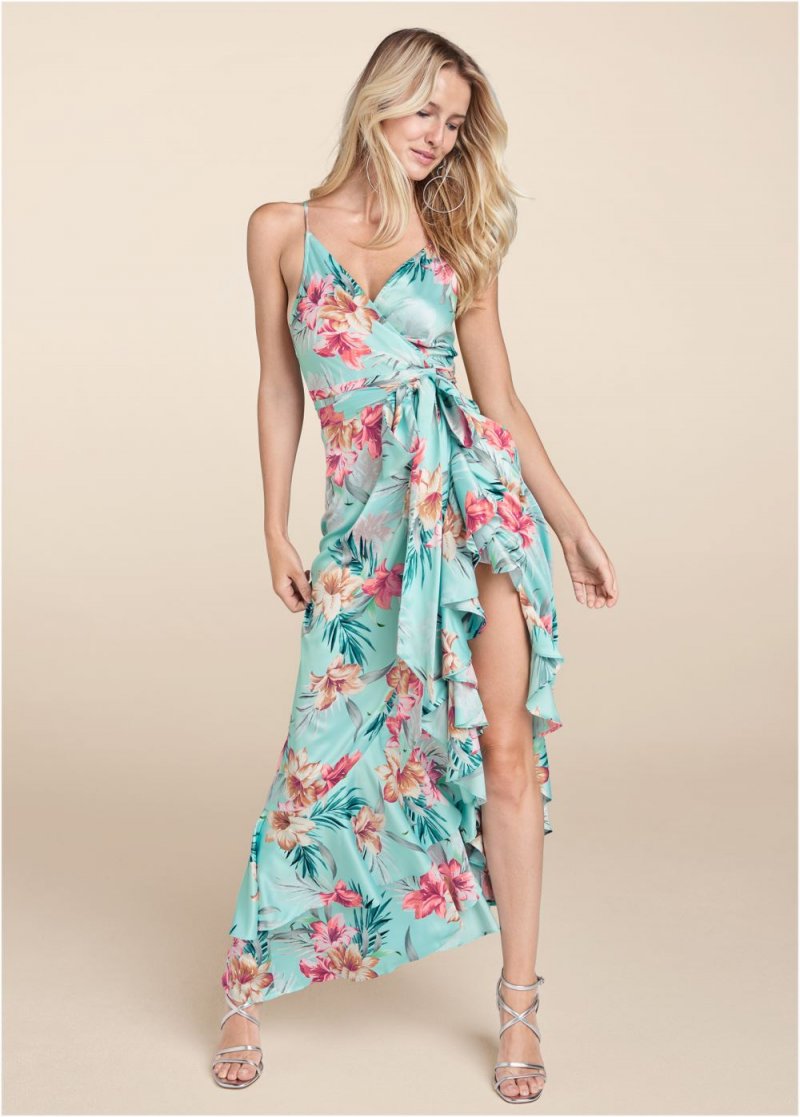 Venus Floral Print Wrap Dress - Aqua Multi