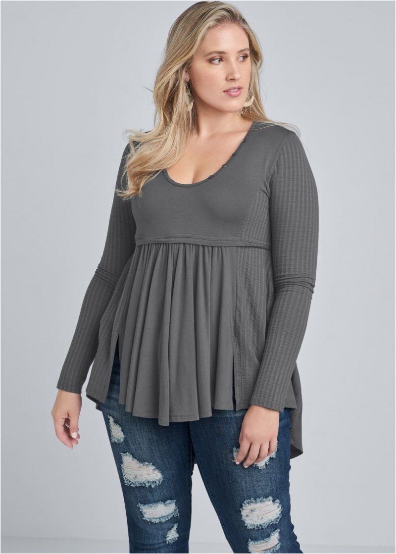 Venus Dark Grey High-low ribbed casual top