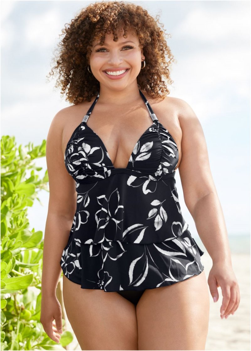 Venus Plus Size Ruched Goddess Tankini Top Bikini - Nighttime Blooms