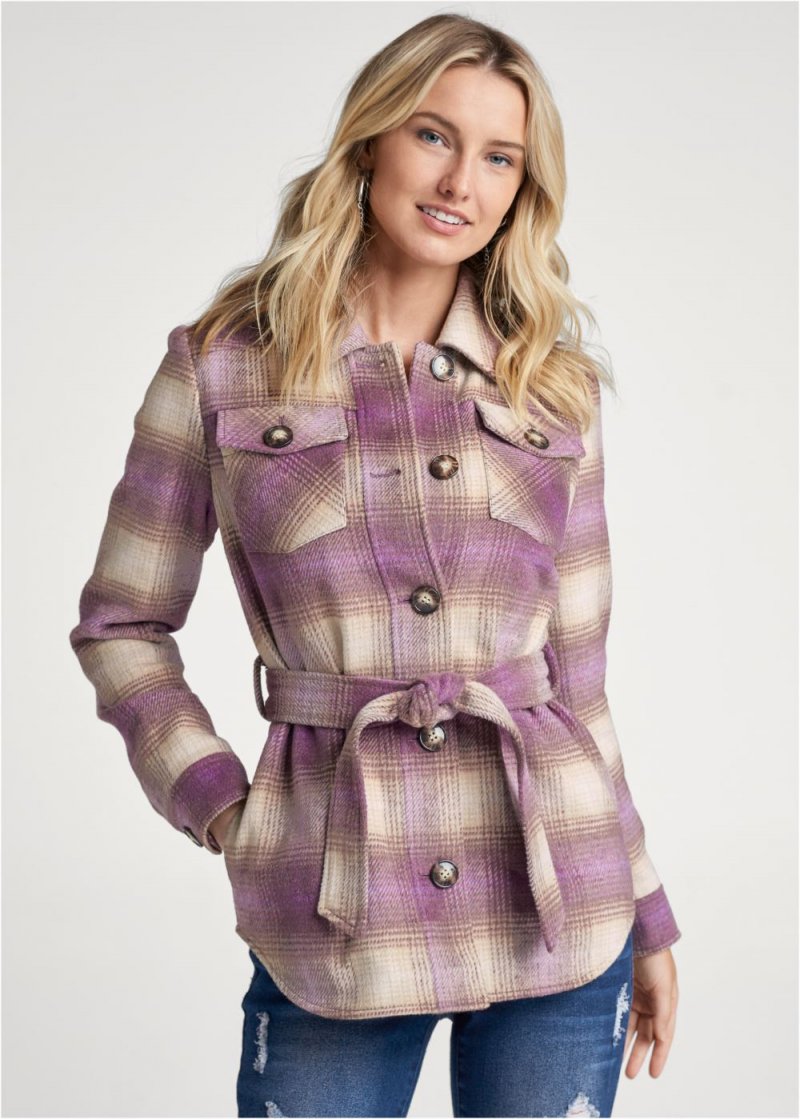 Venus Plaid Shacket With Belt in Purple Multi