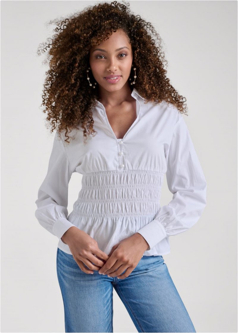 Venus Smocked Waist Peplum Blouse in White