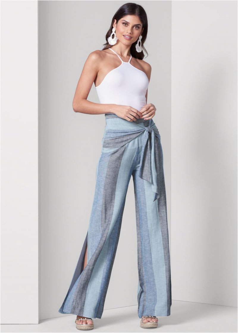 Venus Plus Size Tie-Front Linen Pants in Blue Multi