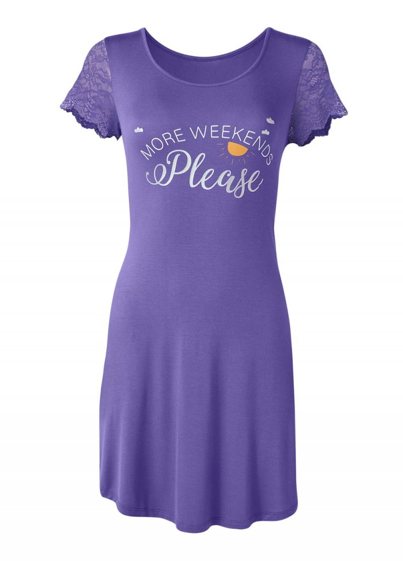 Venus Purple LACE SLEEVE GRAPHIC NIGHTIE