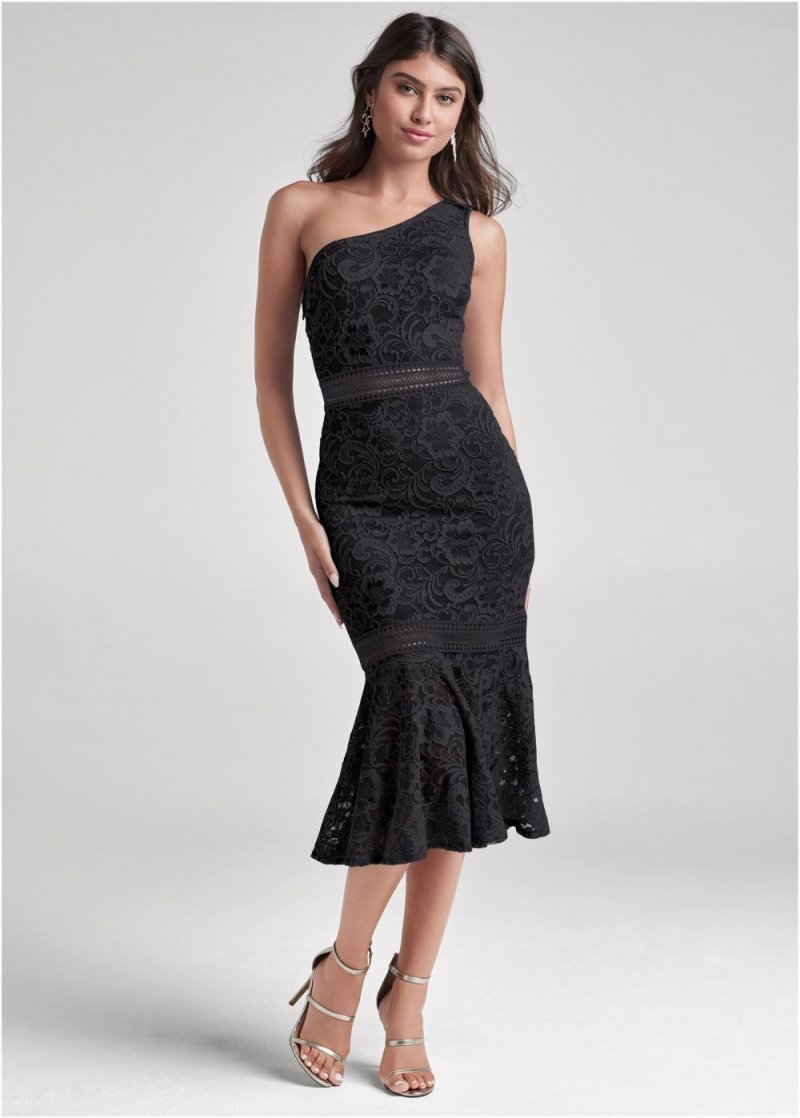 Venus One-Shoulder Lace Dress - Black