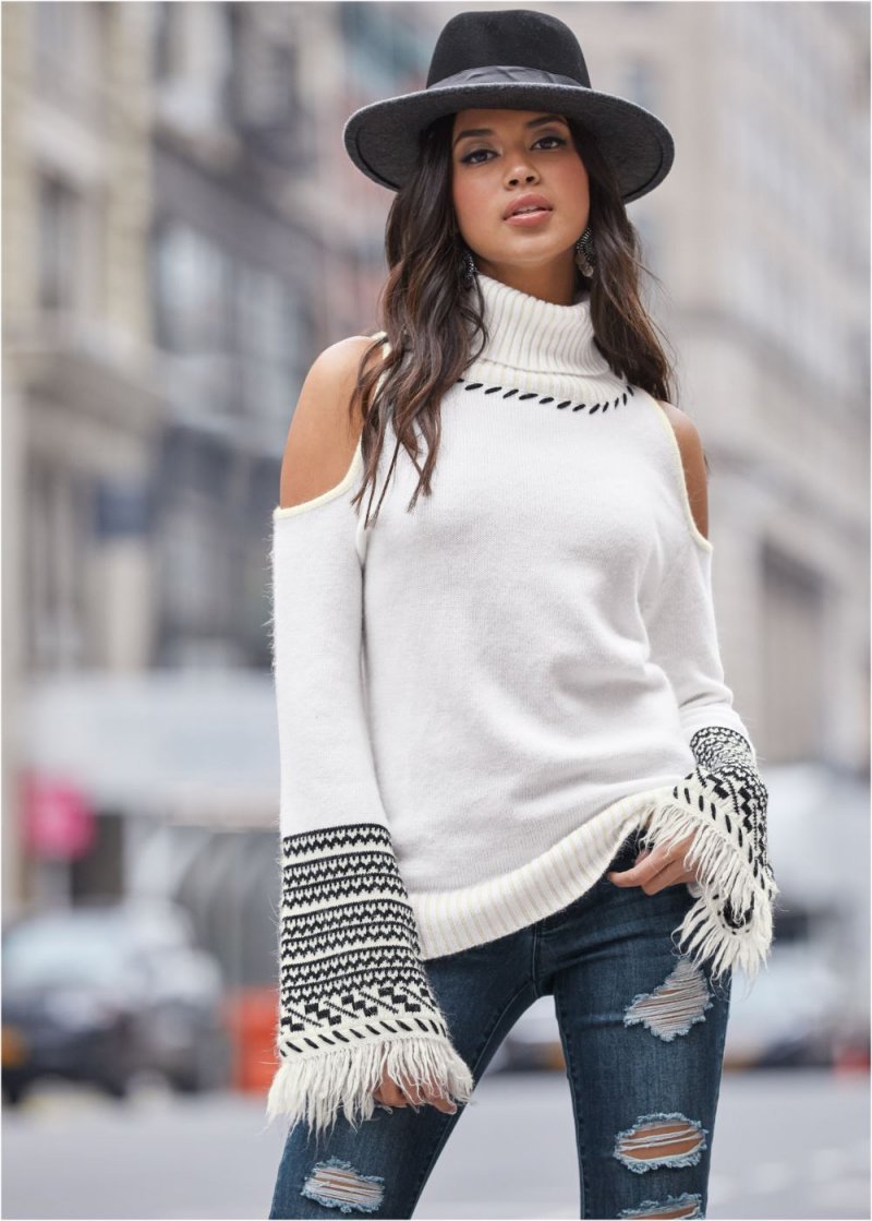 Venus Plus Size Cold-Shoulder Turtleneck Sweater in White & Black