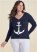 Venus Plus Size Anchor V-Neck Sweater in Navy & White