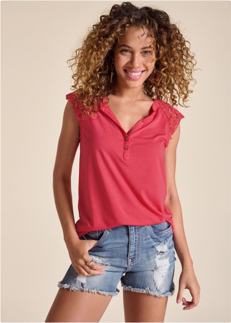 Venus Lace Cap Sleeve Top in Coral