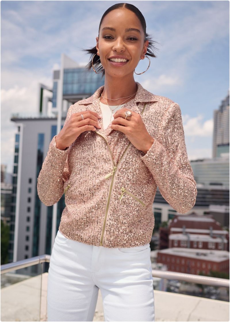 Venus Zip-Front Sequin Jacket in Rose Gold