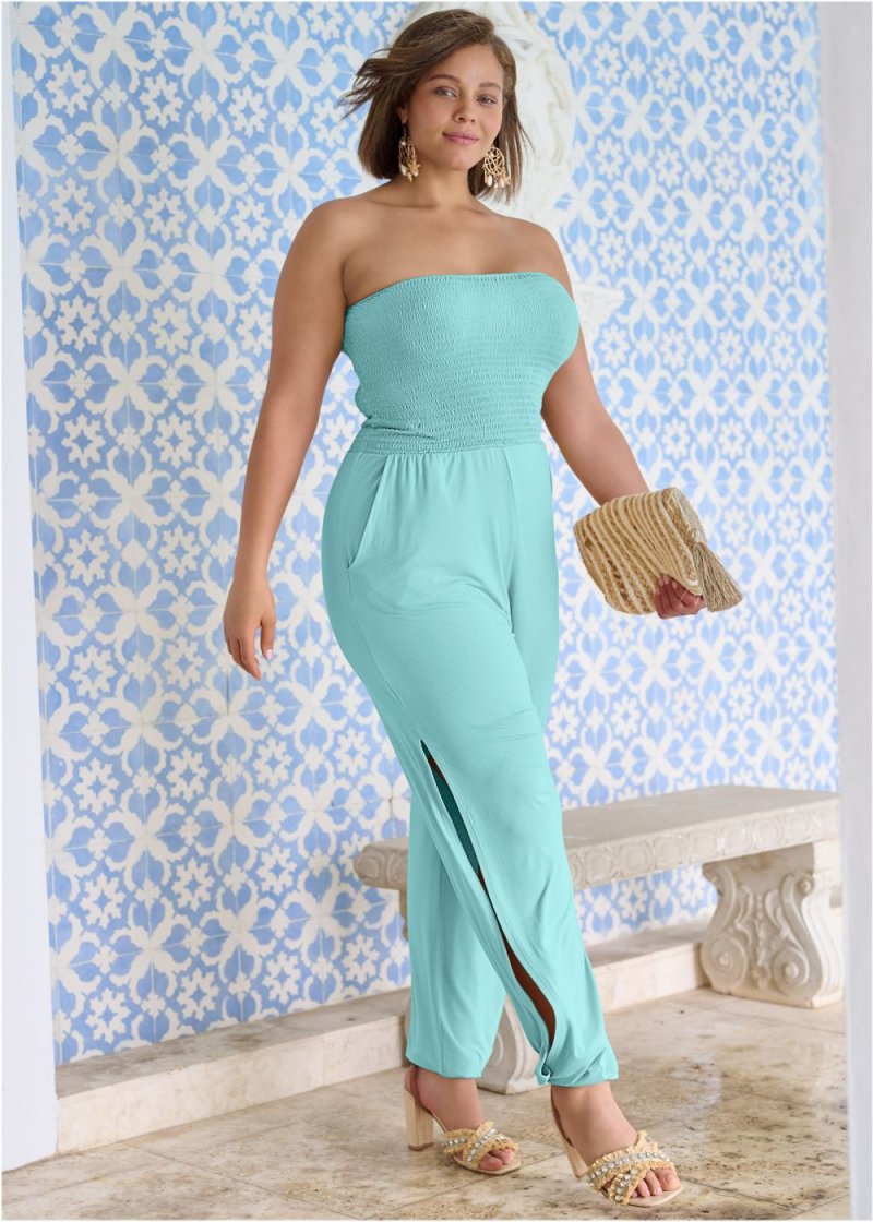 Venus Plus Size Smocked Side Slit Jumpsuit in Mint