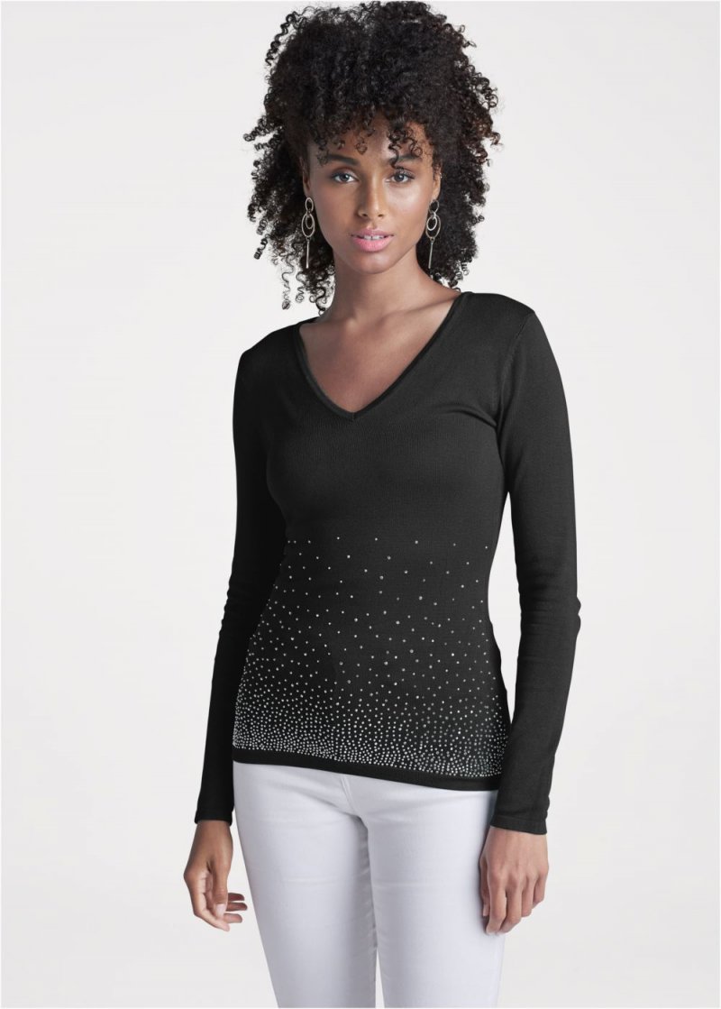 Venus VENUS | Rhinestone V-Neck Sweater in Black