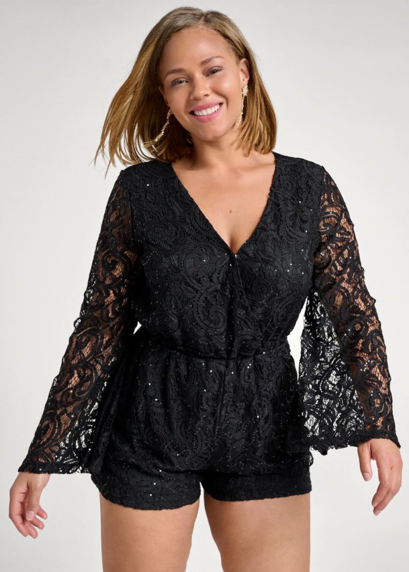 Venus Plus Size Sequin Lace Open-Back Romper in Black