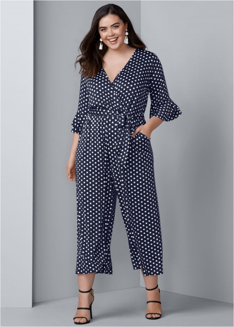 Venus Plus Size Polka Dot Jumpsuit in Navy & White