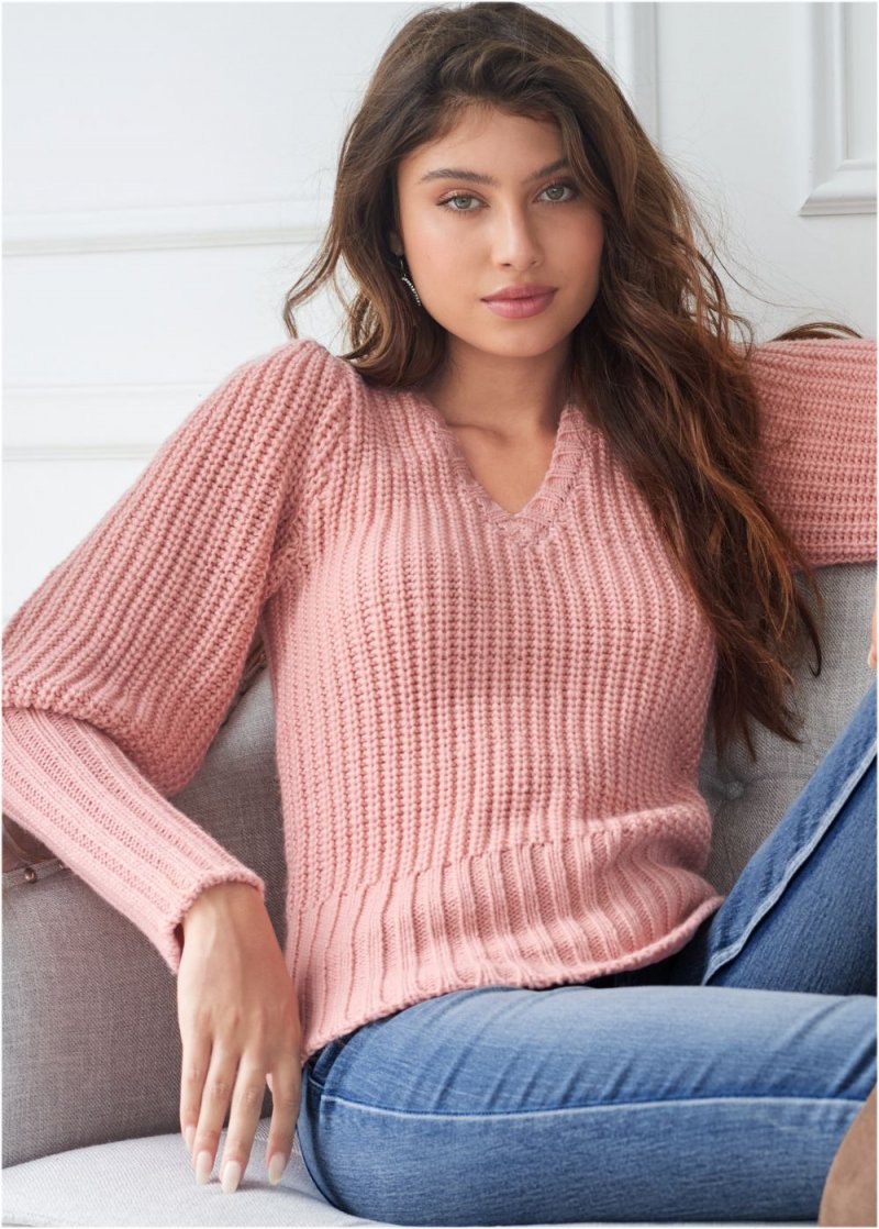 Venus VENUS | Ribbed V-Neck Sweater in Dusty Pink