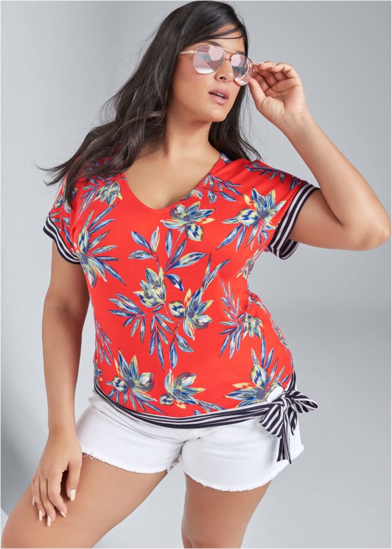 Venus Plus Size Tie Detail Printed Top