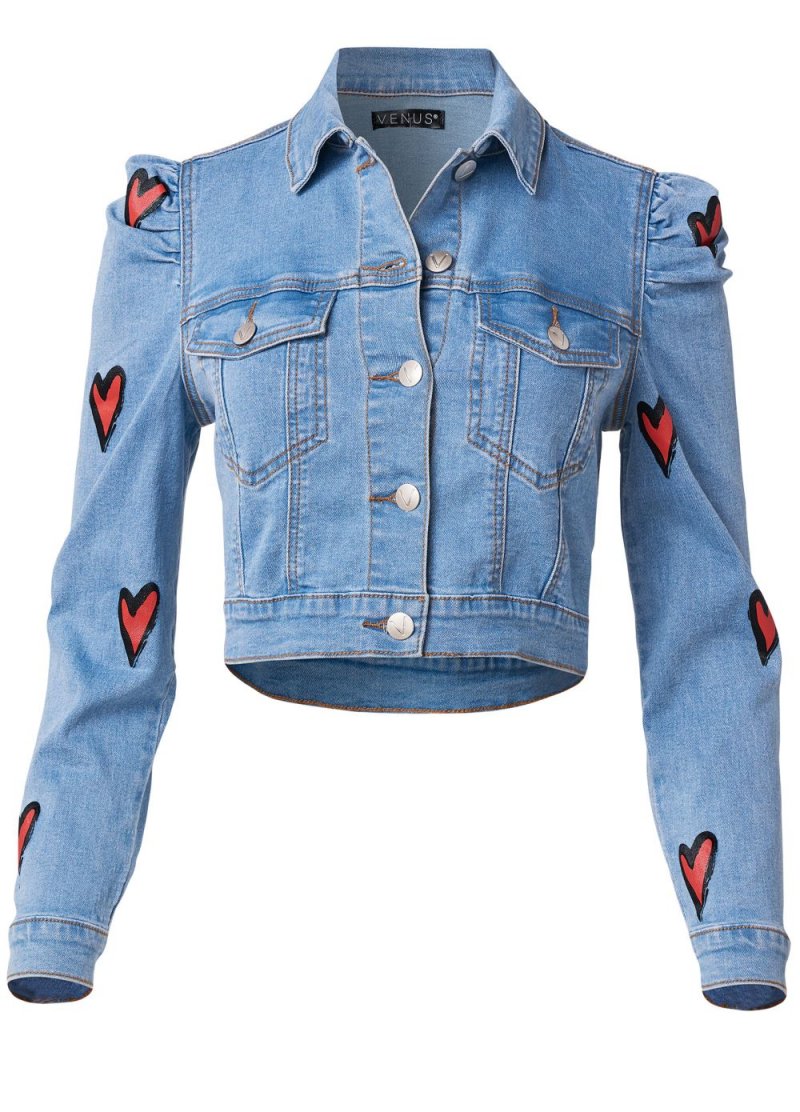 Venus Heart Cropped Jean Jacket in Blue Multi