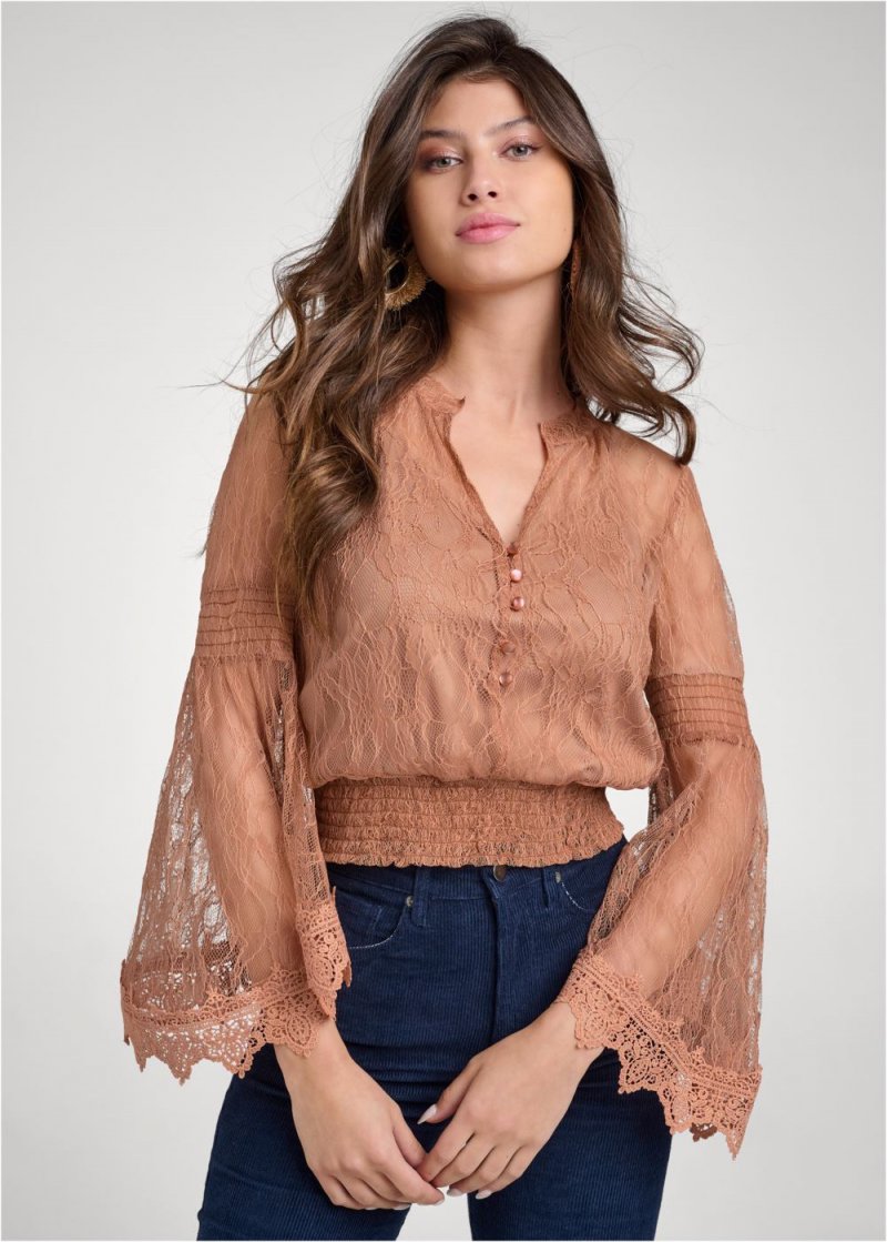 Venus Lace Bell Sleeve Top in Camel