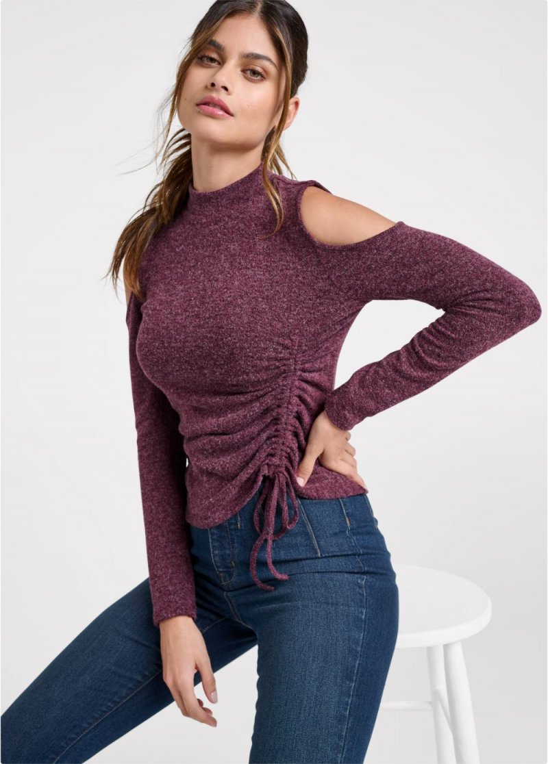 Venus Ruched Cold-Shoulder Top in Plum