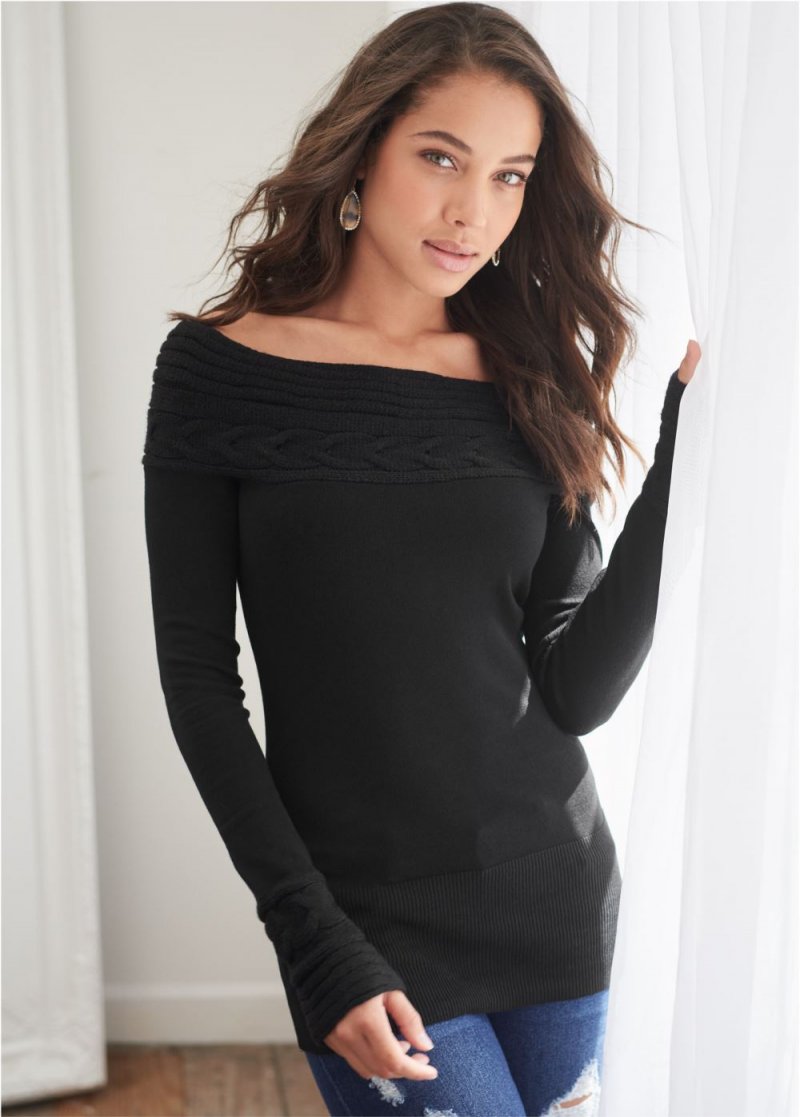 Venus VENUS | Cable Detail Tunic Sweater in Black