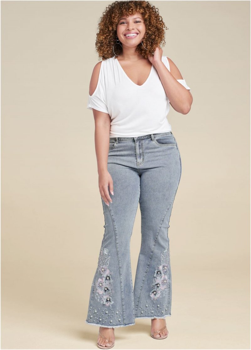 Venus Plus Size Floral Applique Wide Leg Jeans in Light Wash