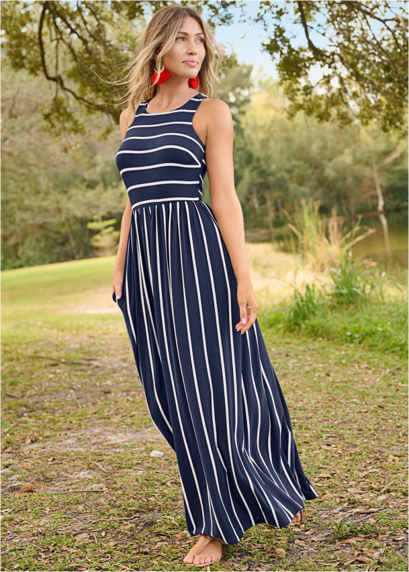 Venus Casual Maxi Dress - Navy & White