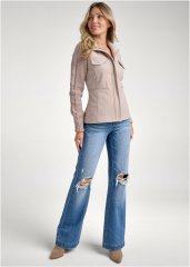 Venus Sweater-Sleeve Zip Jacket in Taupe