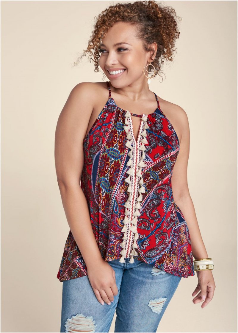 Venus Plus Size Paisley Print Tassel Top