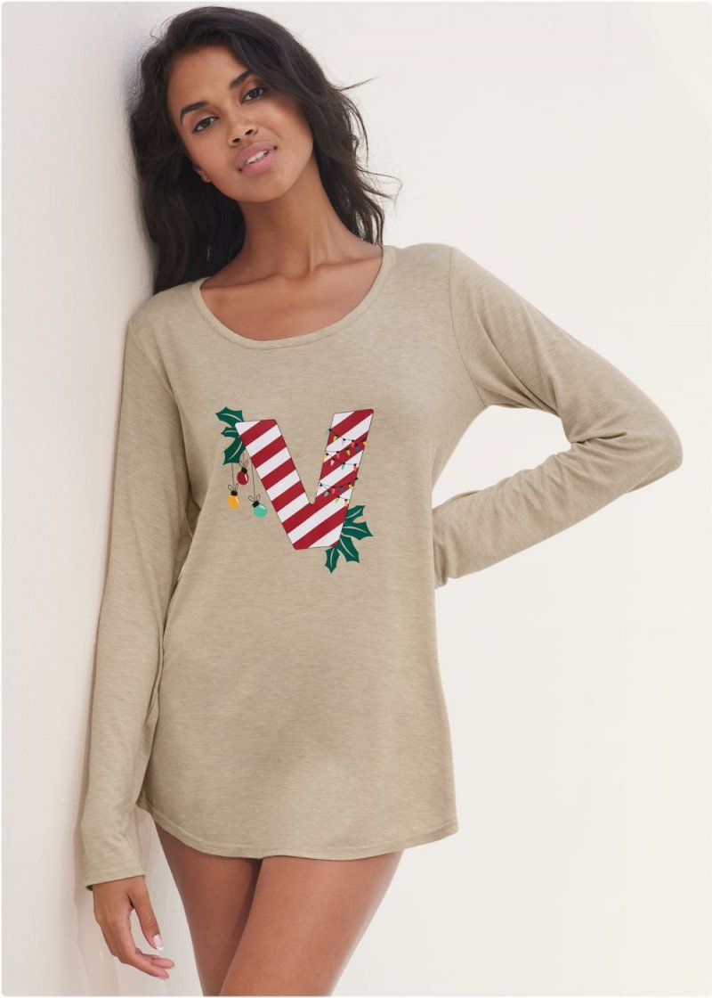 Venus Holiday Heathered Oatmeal LONG SLEEVE PAJAMA SHIRT