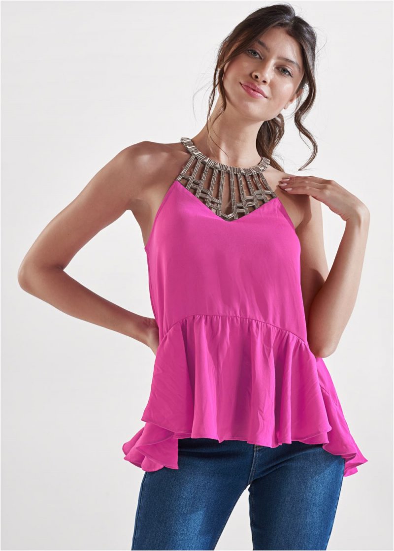 Venus Embellished Neckline Top in Fuchsia