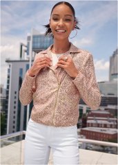 Venus Zip-Front Sequin Jacket in Rose Gold