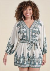 Venus Plus Size Paisley Print Linen Romper in White Multi