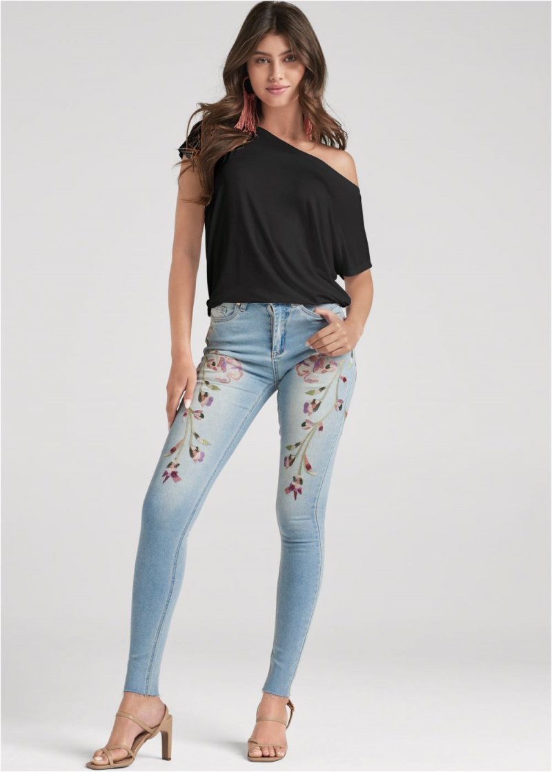 Venus Plus Size Floral Embroidered Jeans in Light Wash