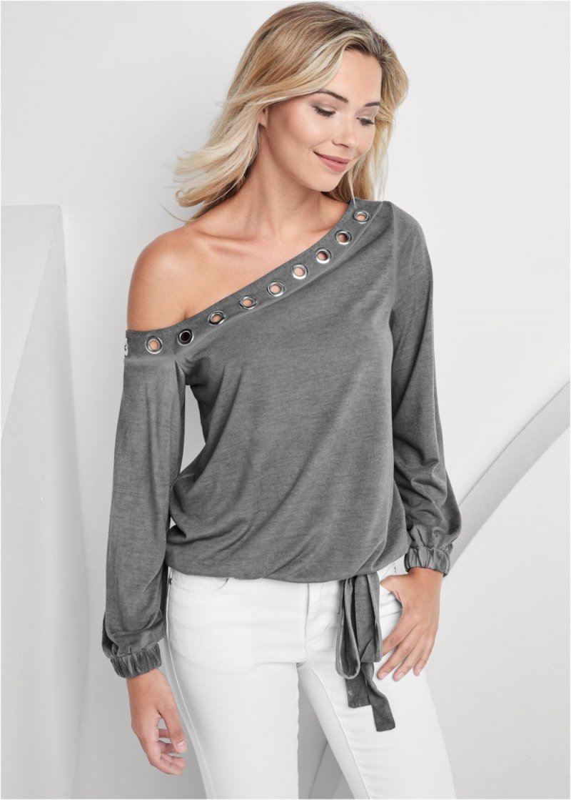 Venus One-Shoulder Grommet Top in Grey