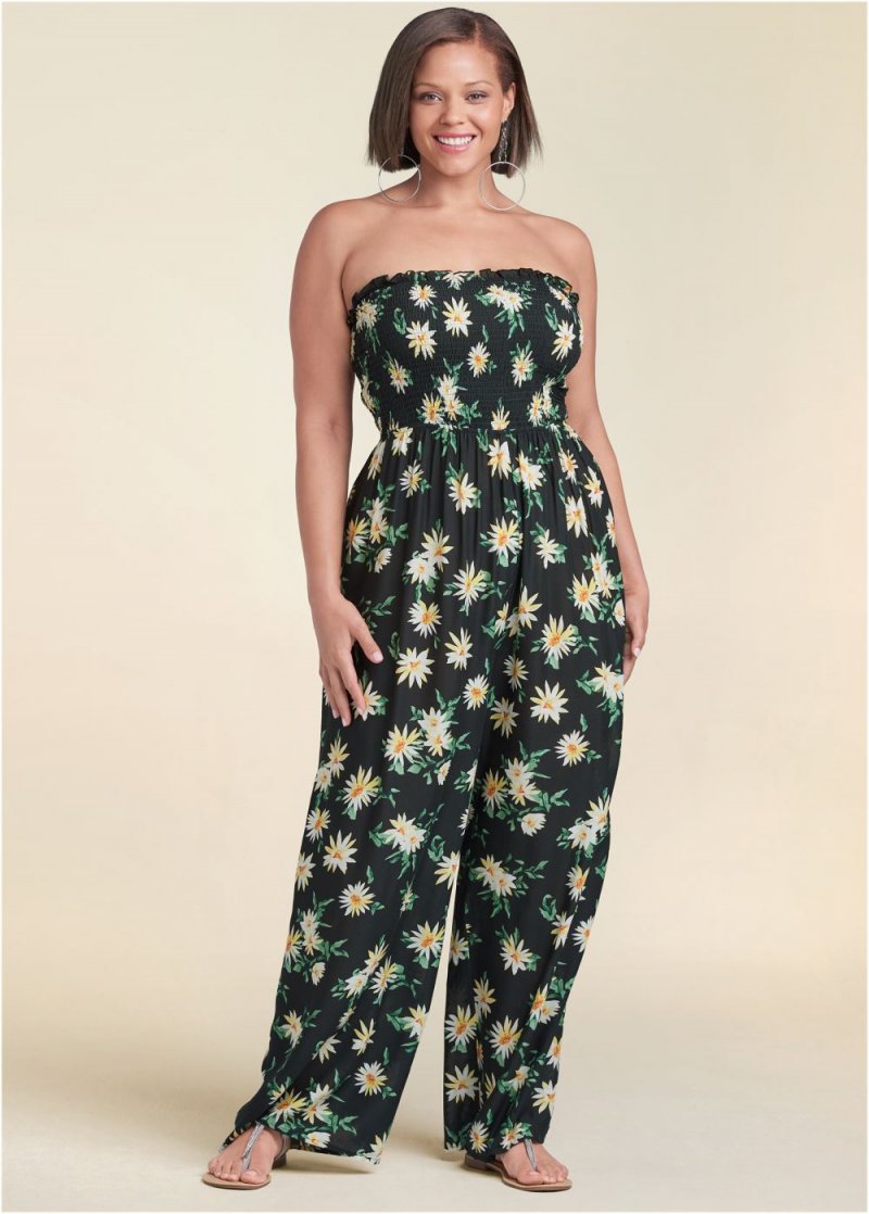 Venus Plus Size Floral Strapless Jumpsuit in Black & Yellow