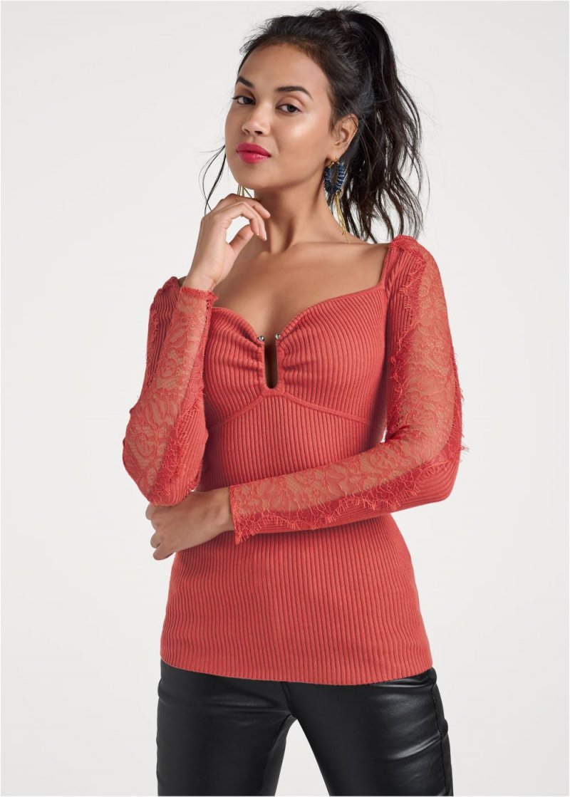 Venus VENUS | Lace Sleeve Ribbed Sweater in Red