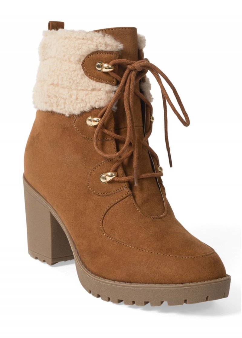 Venus Sherpa Lace-Up Booties in Light Brown