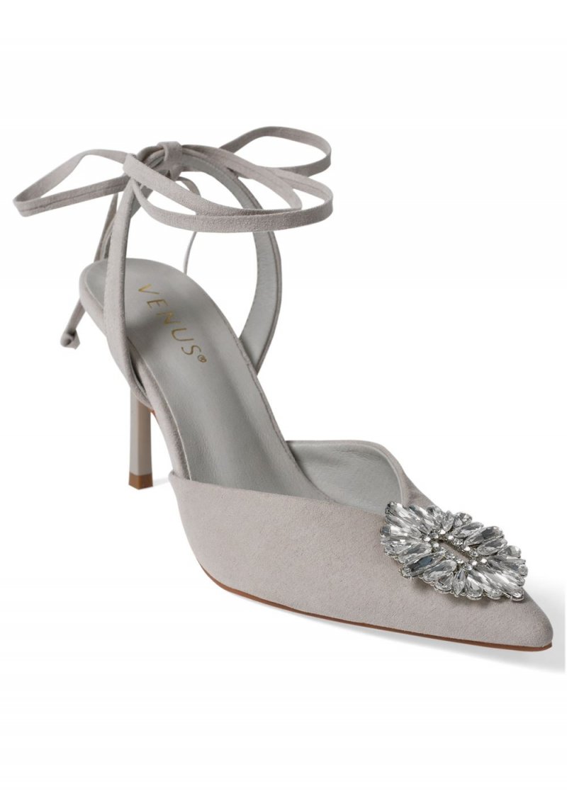 Venus Faux-Suede Lace-Up Heels in Light Grey