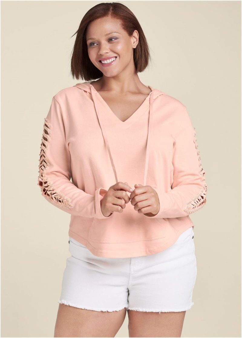 Venus Plus Size Pearl Cutout Sleeve Hoodie