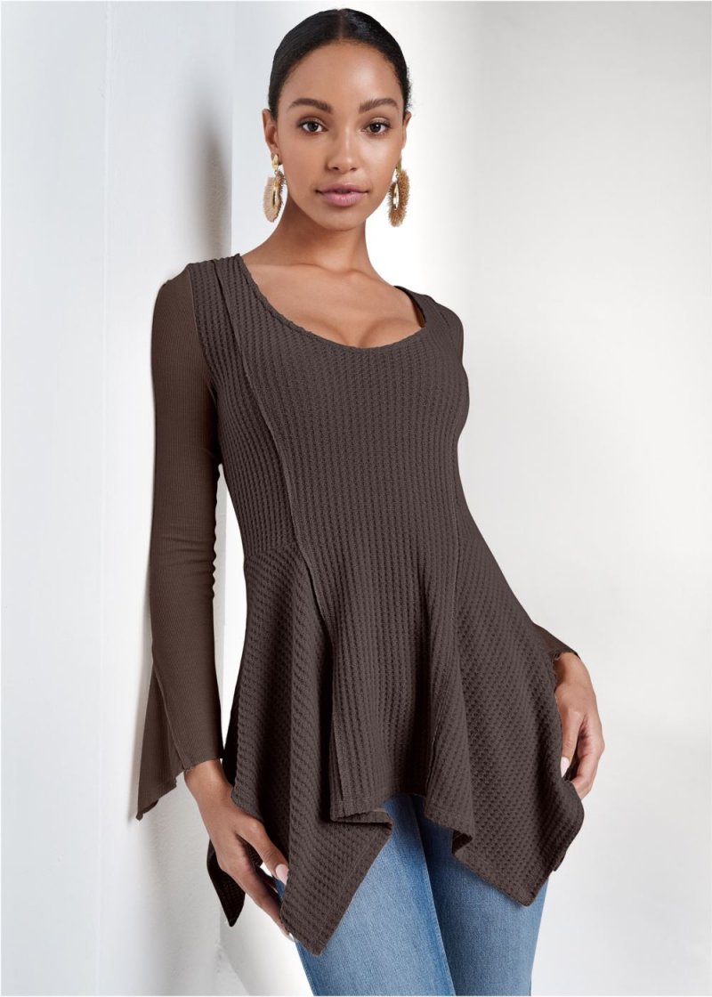 Venus Casual Waffle Knit Handkerchief Top in Dark Brown