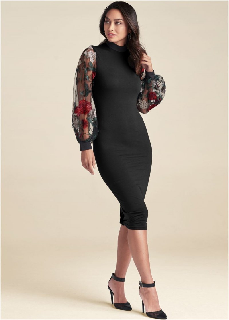 Venus Embroidered Floral Puff Sleeve Dress - Black Multi