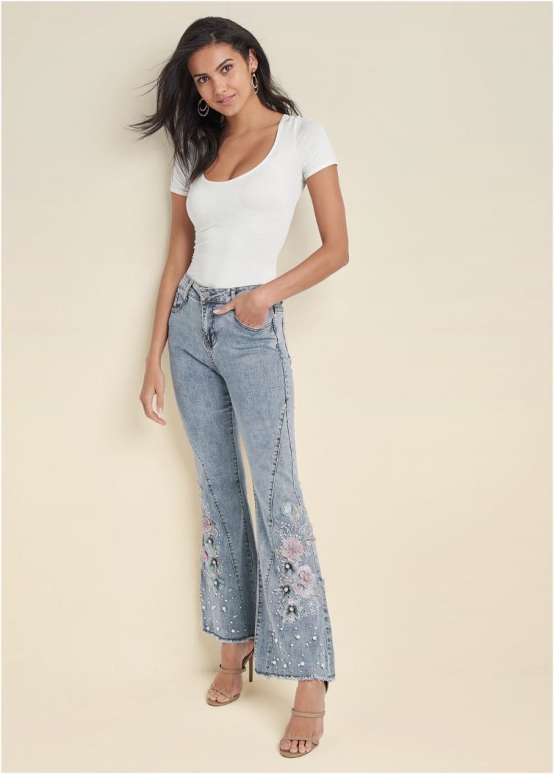 Venus Floral Applique Wide Leg Jeans in Light Wash