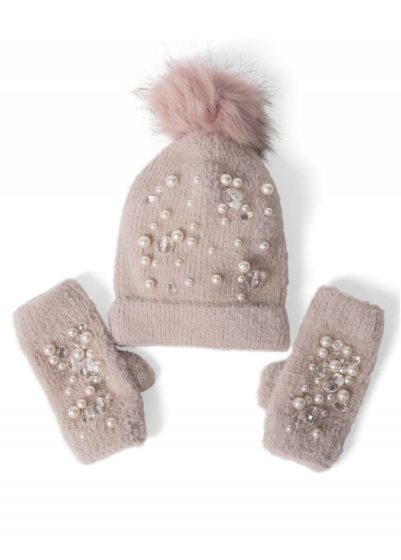 Venus Cozy Pearl Beanie Set in Pale Pink