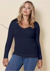 Venus Navy RIBBED V-NECK TOP