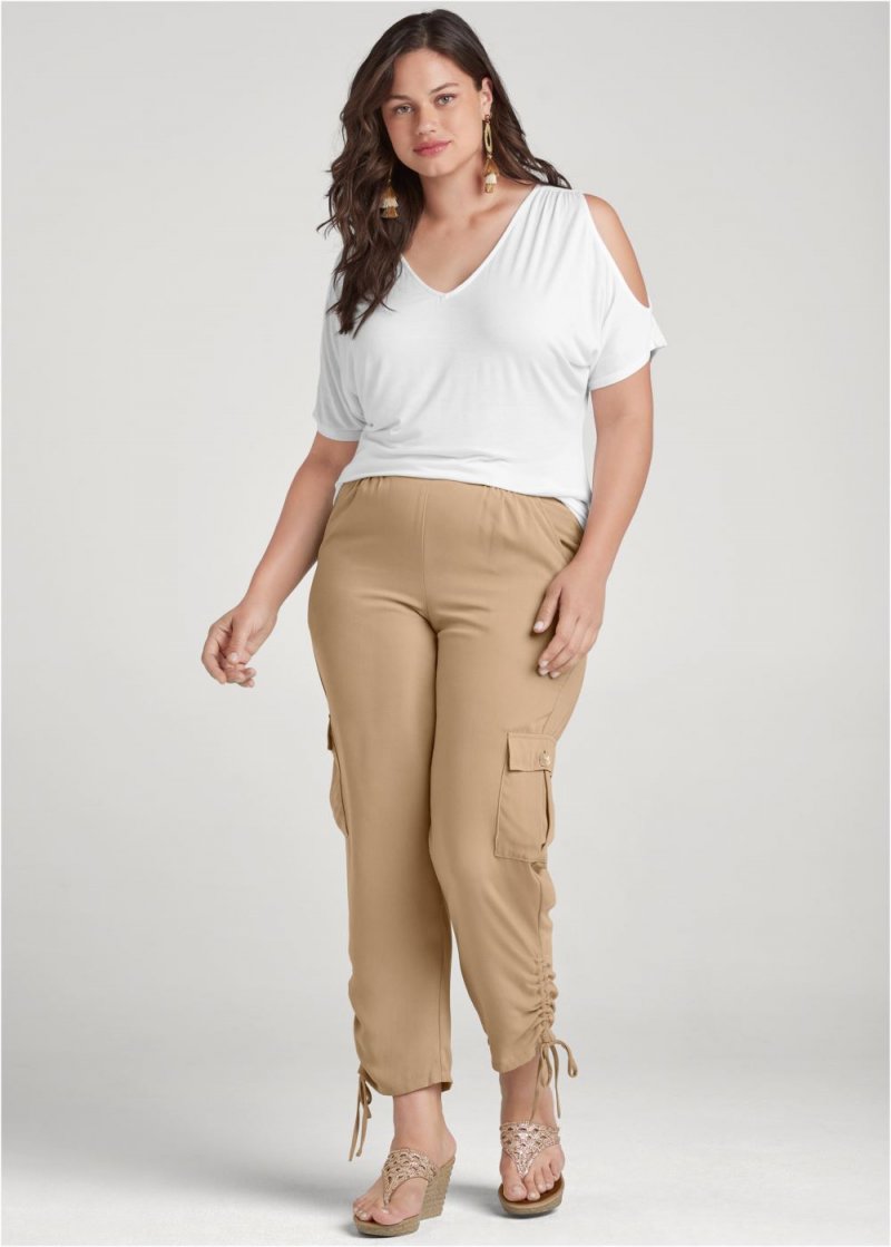 Venus Plus Size Lightweight Cargo Pants in Camel