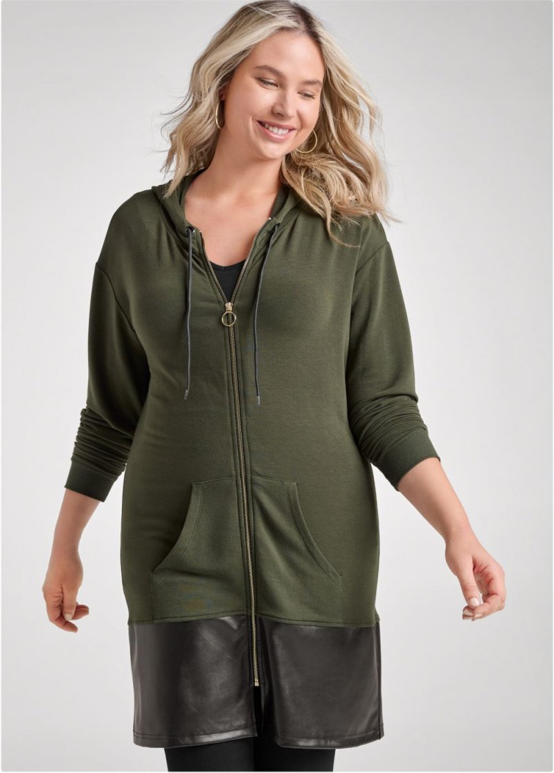 Venus Plus Size Faux-Leather Tunic Jacket in Olive & Black