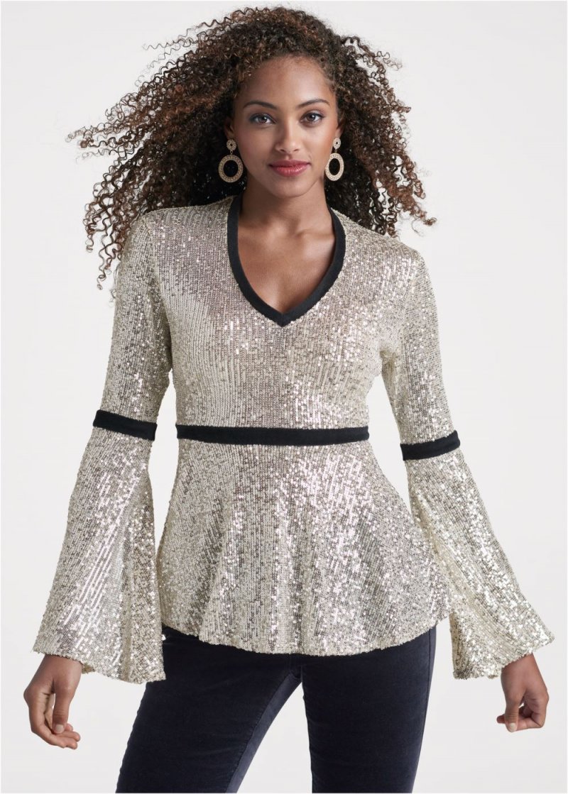 Venus Sequin Bell Sleeve Top in Champagne