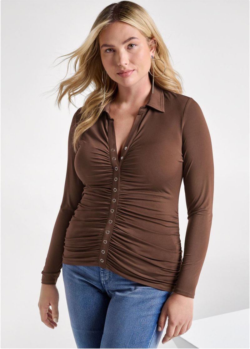 Venus Brown SNAP FRONT COLLARED TOP